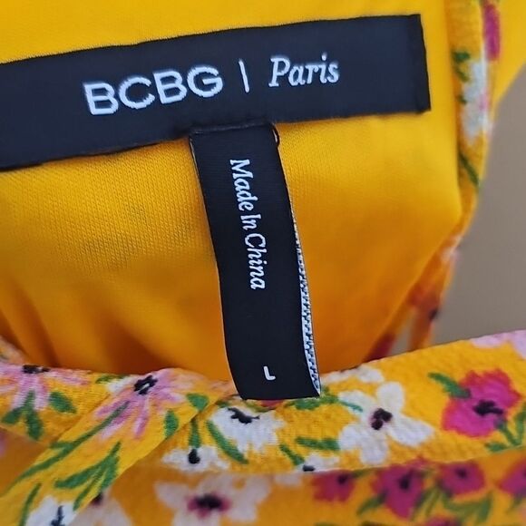 BCBG Yellow Orange Floral Milkmaid Ruched Midi Sundress Large - Picture 6 of 9